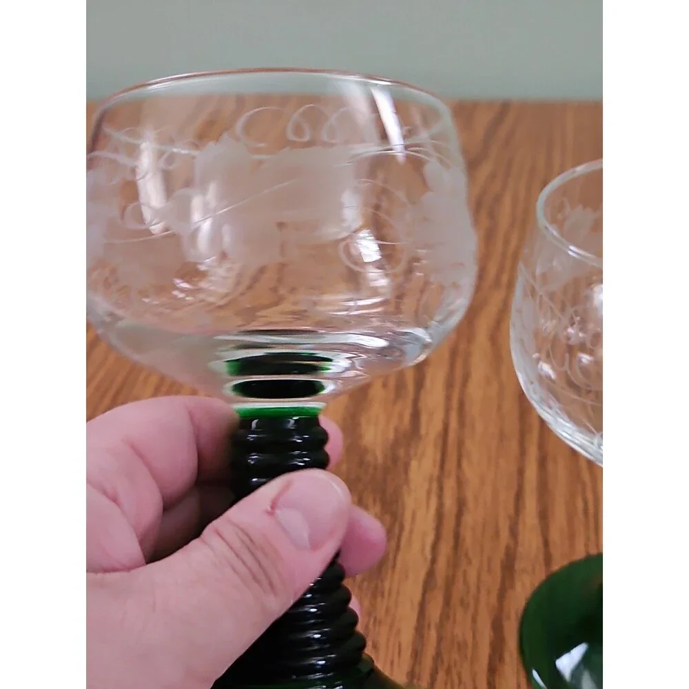 Vintage German Roemer Wine Glasses Set of 2 Green Grapevine Stem Etched Grapes